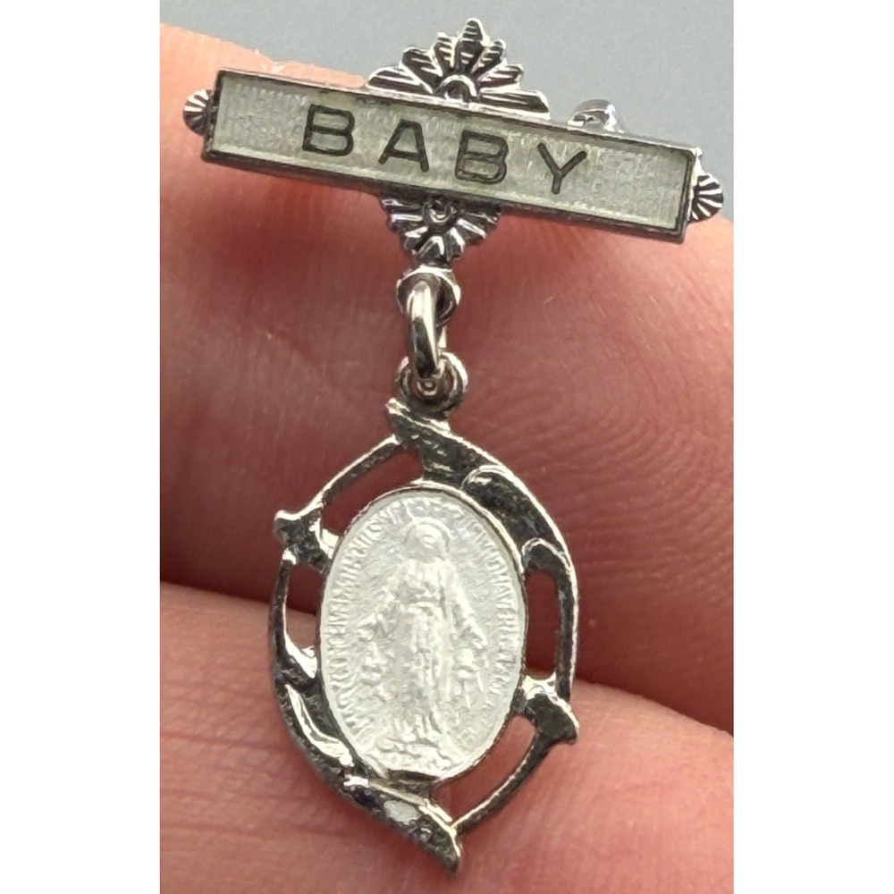 Vintage Sterling Silver Chapel White Enamel Miraculous Medal Baby Pin 1"